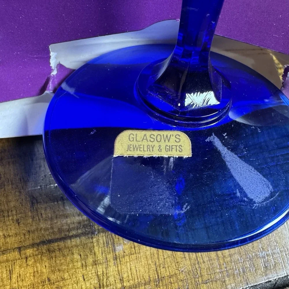 Vtg NOS Rawcliffe Bride & Groom Champagne Flutes Cobalt Blue Stems Wedding Bells